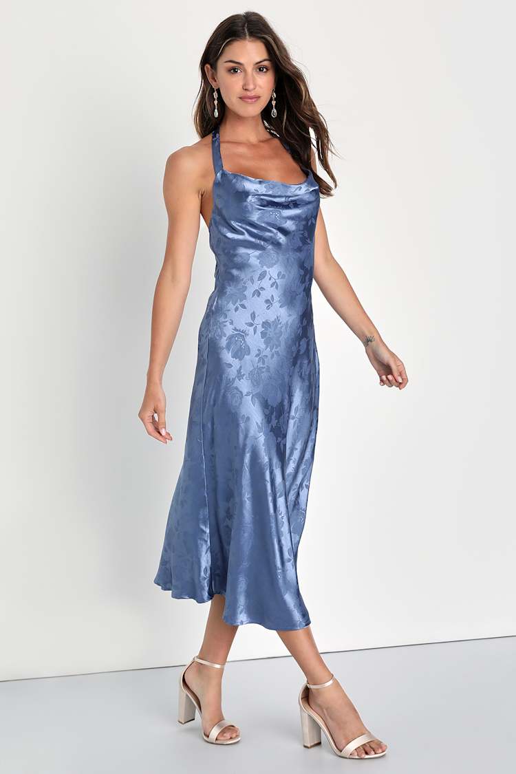 desirable dream navy blue satin jacquard halter neck midi dress - Dress - Slip Dress houston boutique