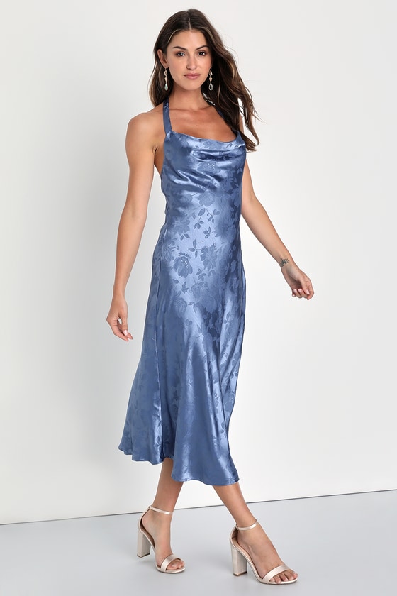 Soiree Sweetness Blue Jacquard Satin Halter Midi Dress