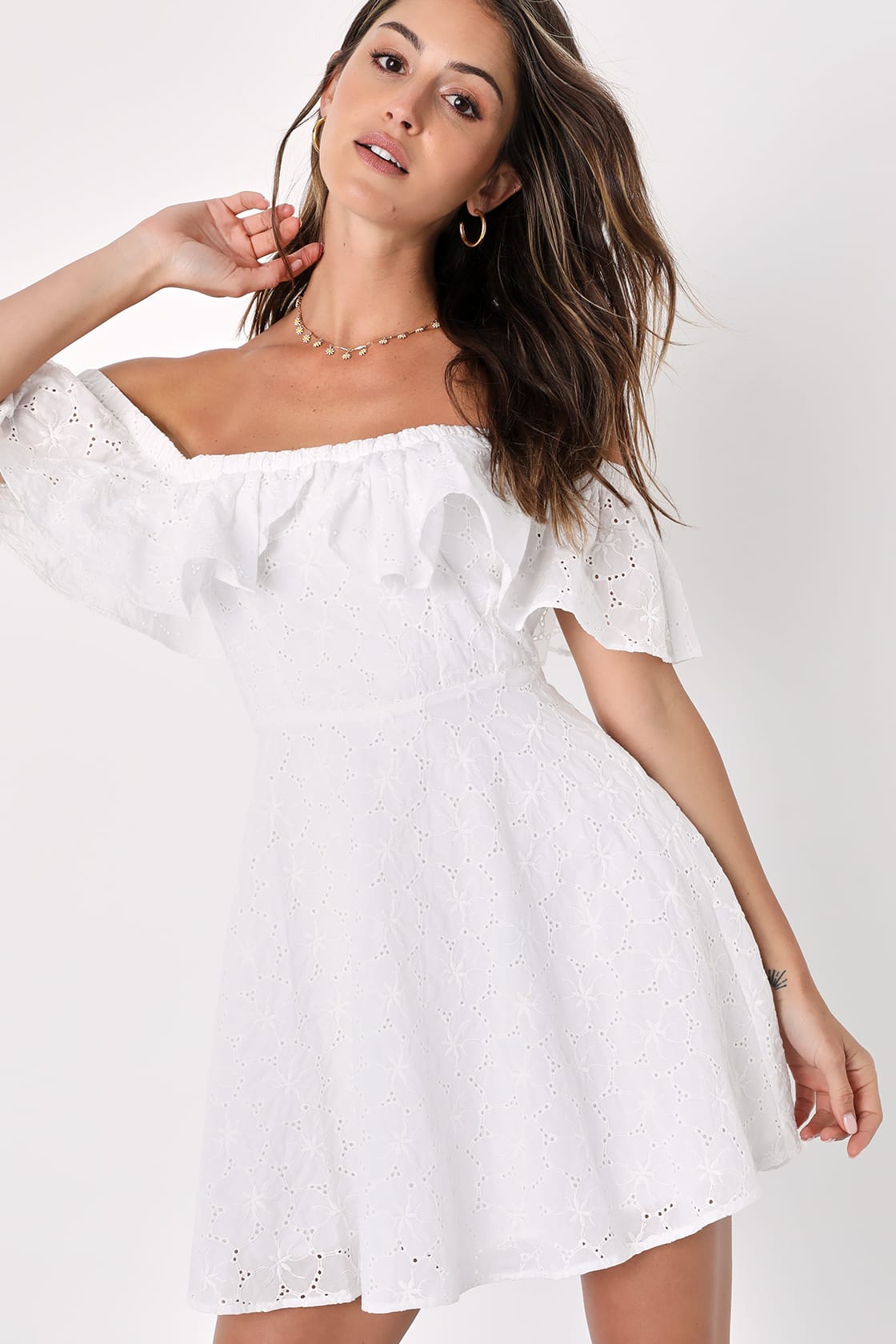 White Eyelet Dress - Off-The-Shoulder Dress - Mini Skater Dress - Lulus