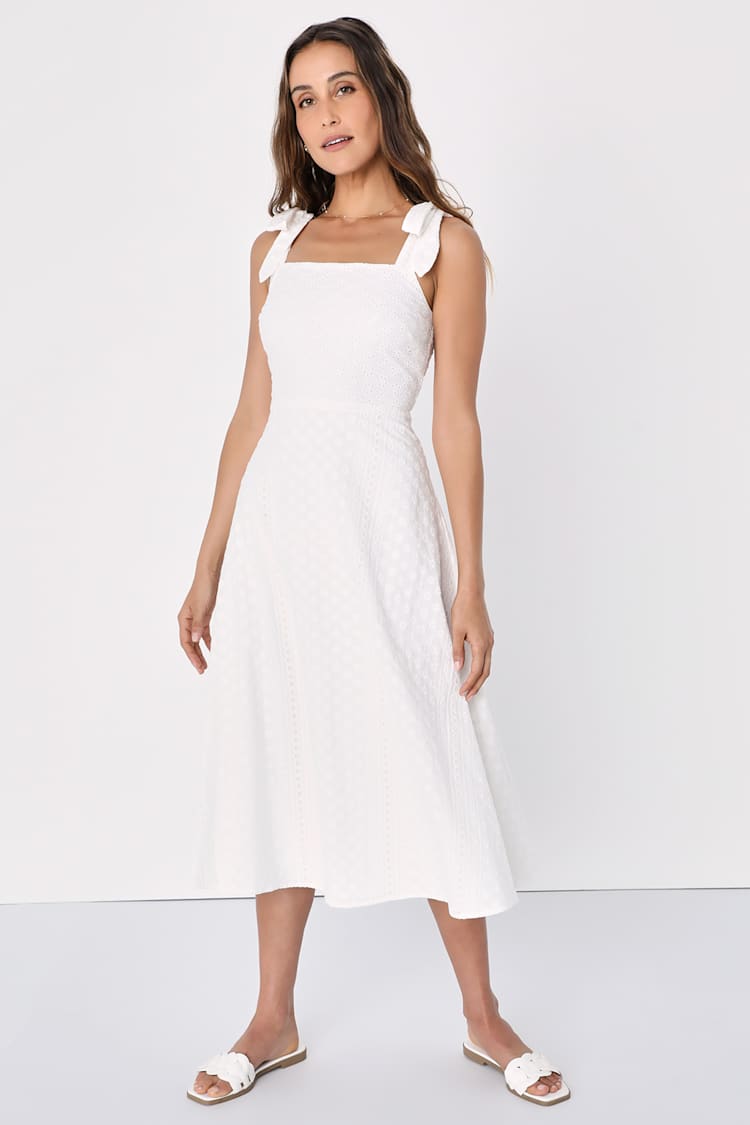 Riviera Romance White Eyelet Embroidery Tie-Strap Midi Dress