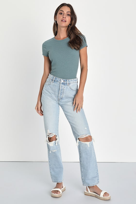 Classic Straight Light Wash Distressed High Rise Denim Jeans 1