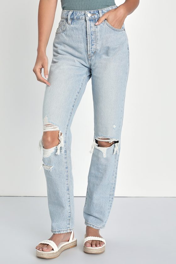 Classic Straight Light Wash Distressed High Rise Denim Jeans 4
