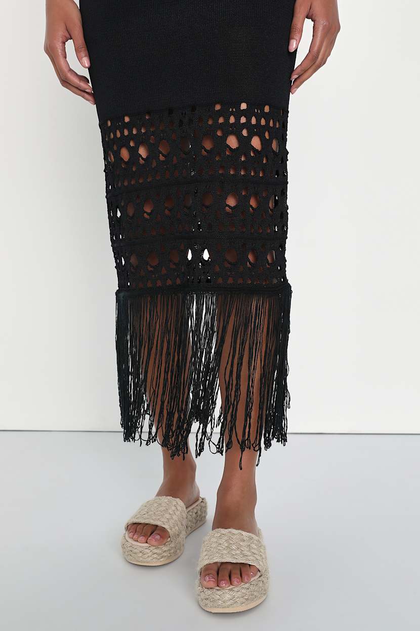 black crochet fringe dress Black Fringe Crochet Dress for Tall Women