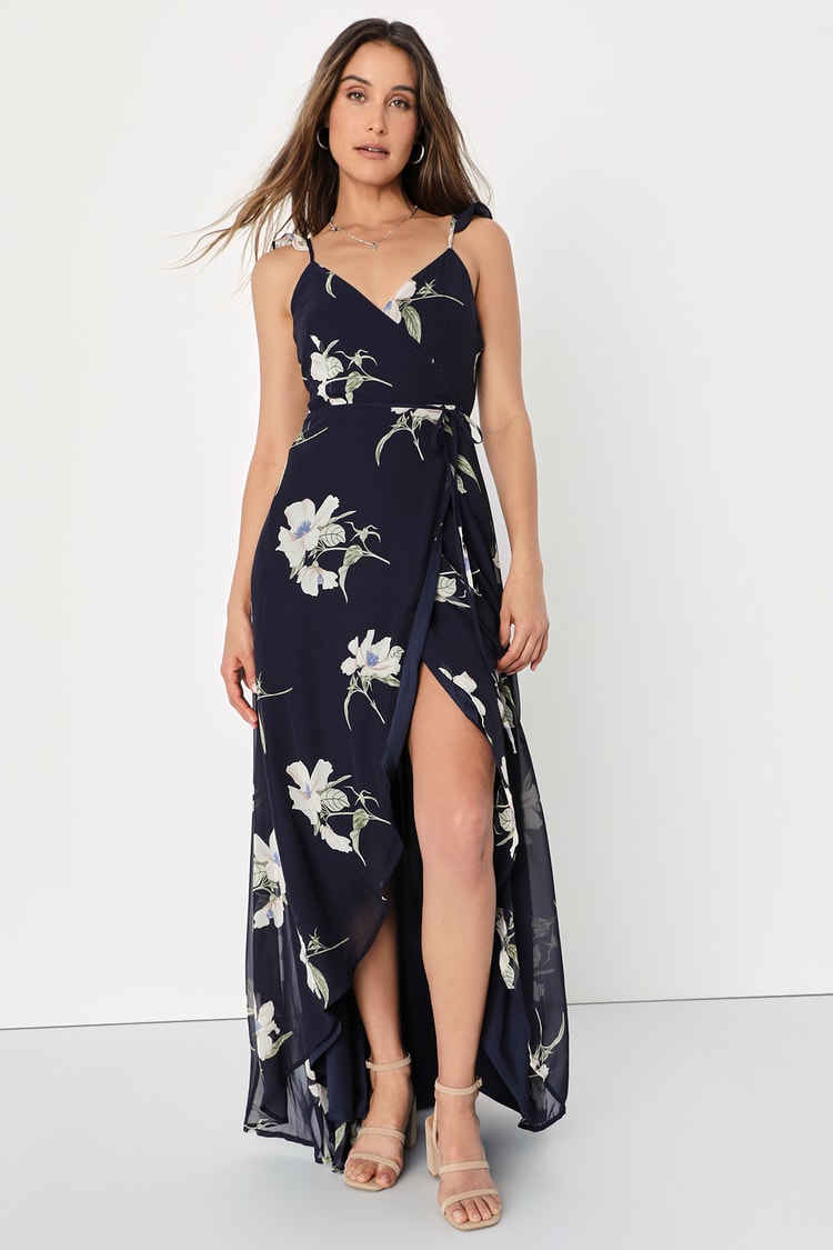 Lulus Women's Heart of Marigold Short Sleeve Wrap Maxi Dress, Navy Blue and White Floral Print