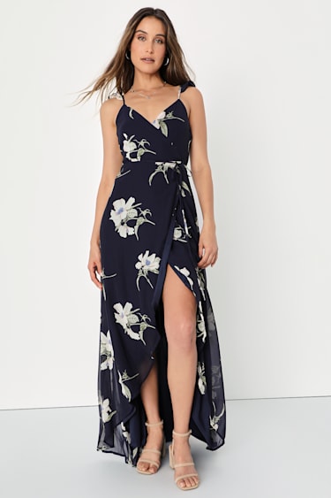 All Mine Navy Blue Floral Print High-Low Wrap Dress