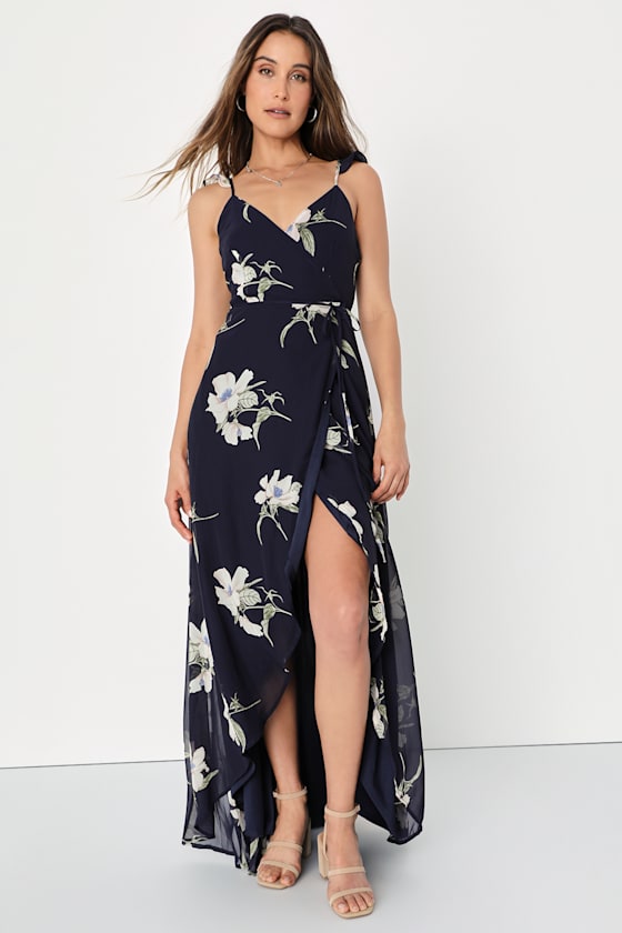 All Mine Navy Blue Floral Print High-Low Wrap Dress 7