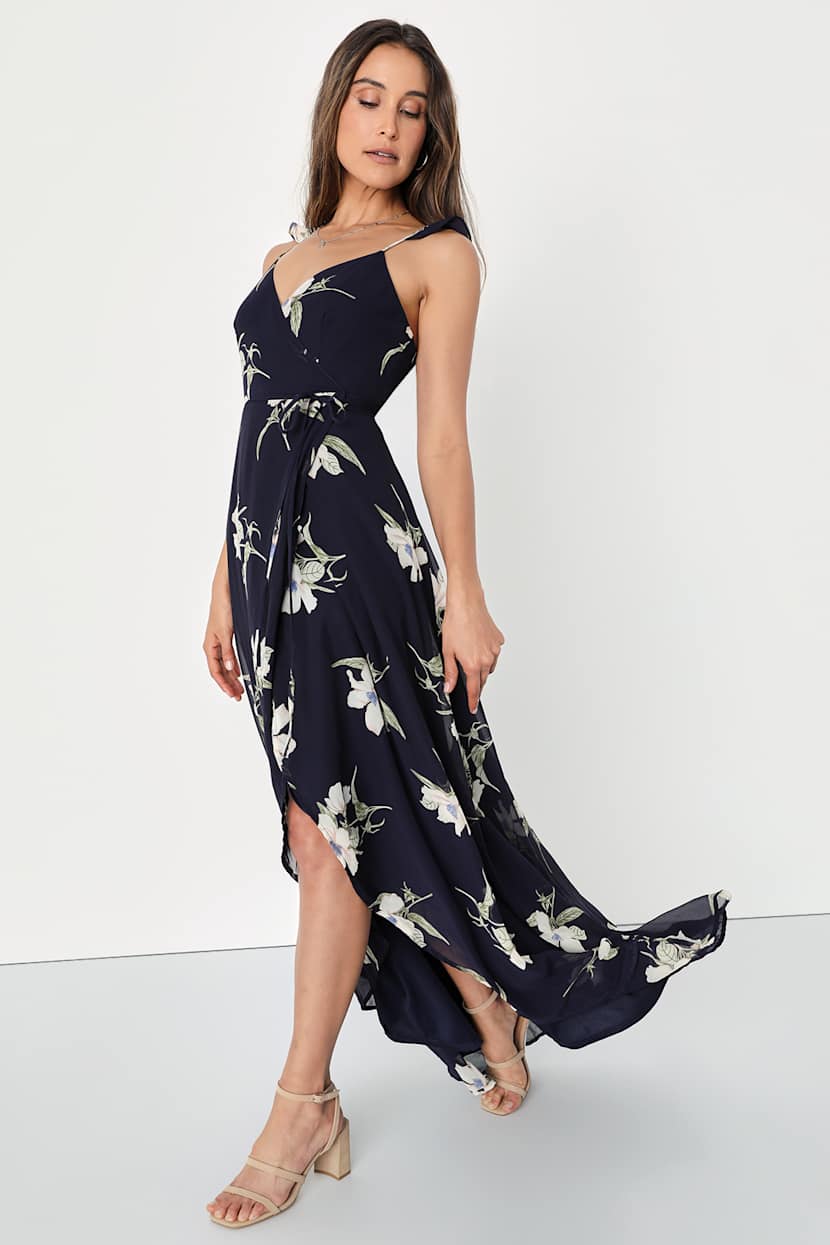 love is life navy blue floral print satin wrap dress Navy Blue Floral Print Ruffled Maxi Dress | Womens | XX-Small (Available in XXL, XS, XL) | 100% Polyester