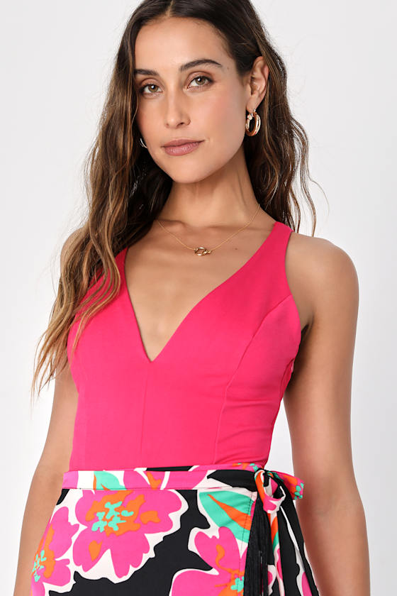 Hot Pink Bodysuit Plunging Bodysuit Sleeveless Bodysuit Lulus