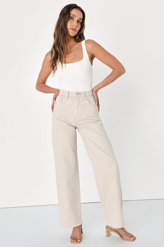 Cool Girl Energy Beige Denim High Rise Wide-Leg Jeans 1