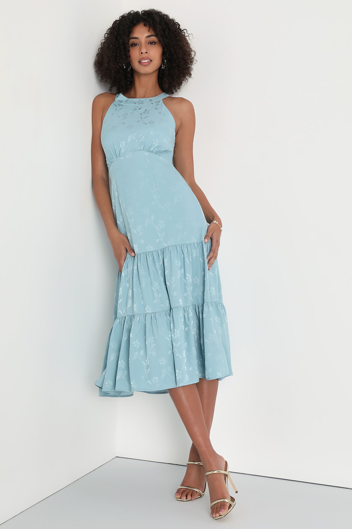 Blue Satin Dress - Jacquard Midi - Backless Halter Midi Dress - Lulus