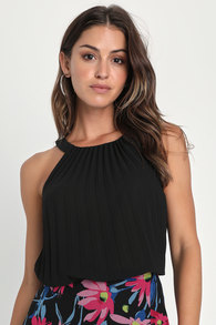 Aesthetically Perfect Black Pleated Halter Tank Top