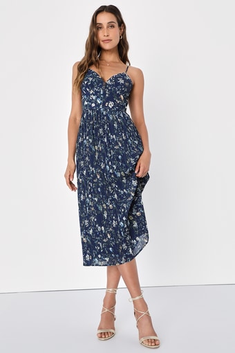 Poise and Perfection Navy Floral Print Pleated Midi Dress