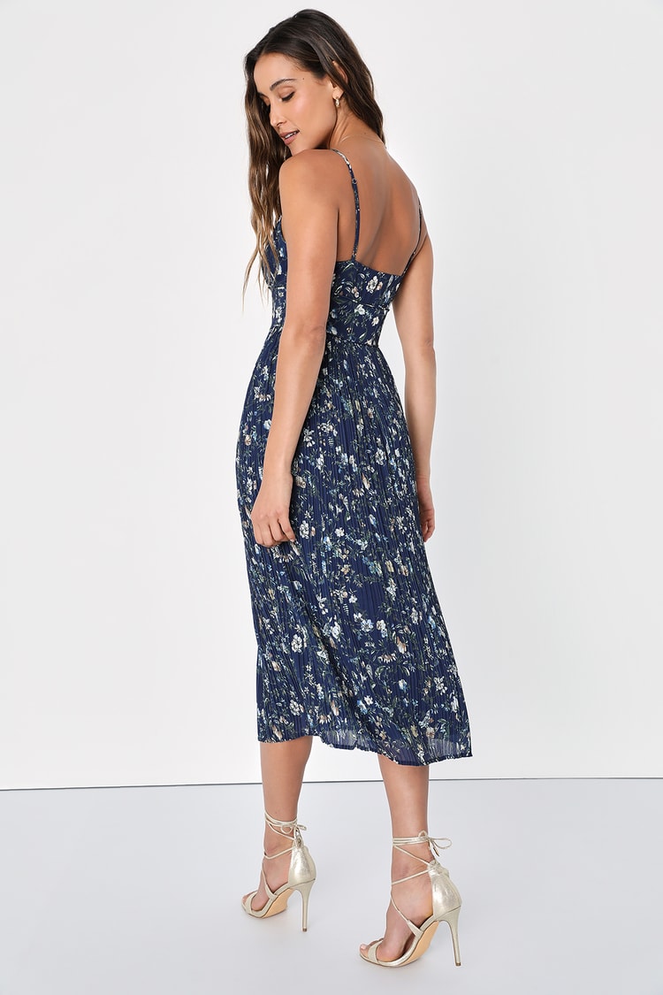 Poise and Perfection Navy Floral Print Pleated Midi Dress