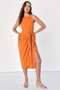 Malaga Moment Rust Orange Halter Faux Wrap Midi Dress
