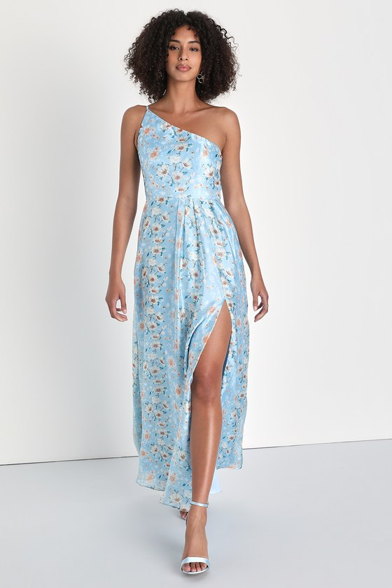 Lulus Bloom Into Love Blue Floral Organza One-shoulder Maxi Dress