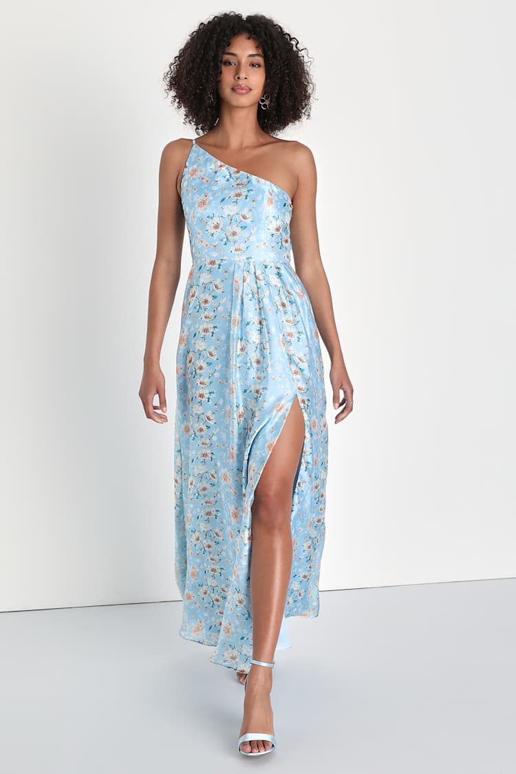 Blue Floral Dress - Organza Maxi Dress - One-Shoulder Maxi Dress