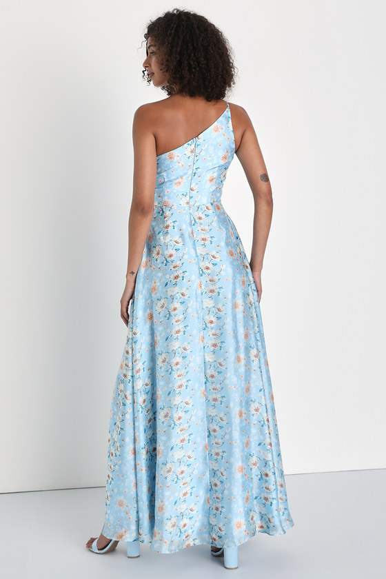 Bloom Into Love Blue Floral Organza One-Shoulder Maxi Dress