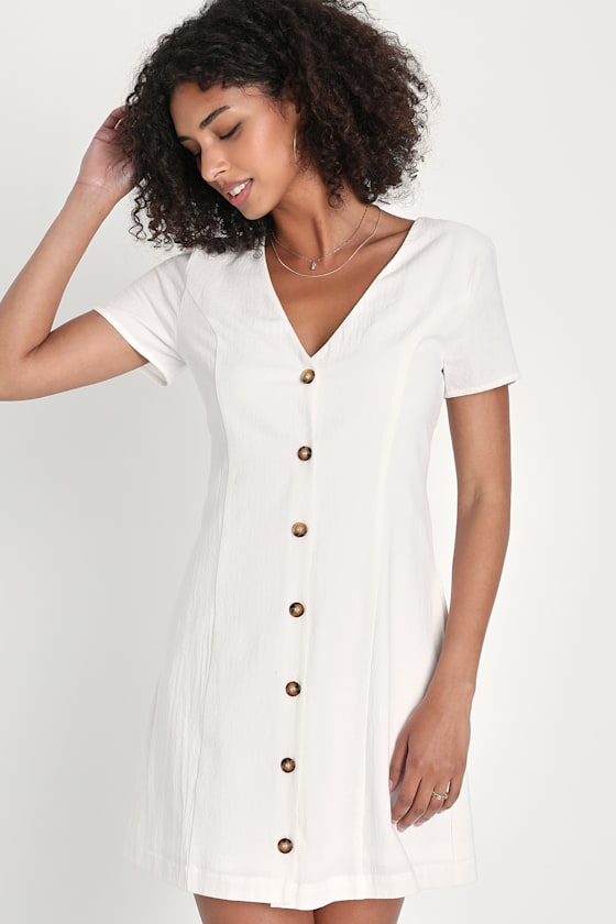 White ButtonUp Dress Mini Dress With Pockets Cute Mini Dress Lulus