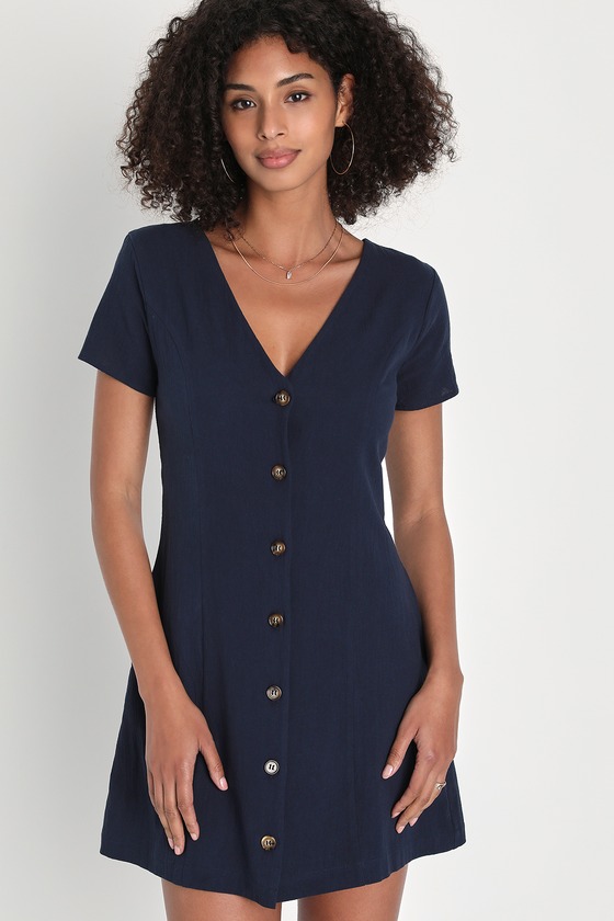 Lulus Everyday Sweetness Navy Button-up Mini Dress With Pockets