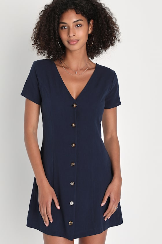 Navy ButtonUp Dress Mini Dress With Pockets Cute Mini Dress Lulus