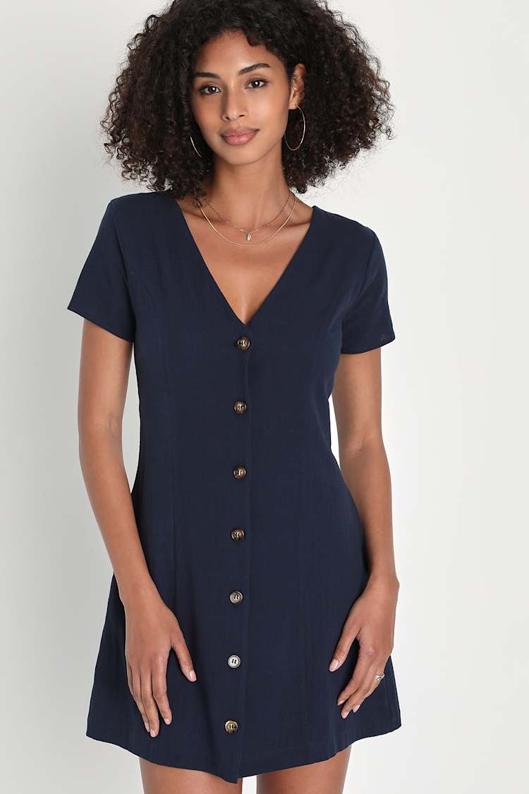 Navy Button-Up Dress - Mini Dress With Pockets - Cute Mini Dress - Lulus