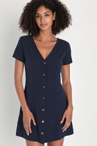 Everyday Sweetness Navy Button-Up Mini Dress With Pockets