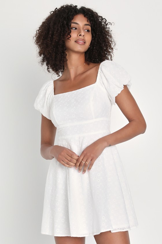 Lulus Sweetest Fantasy White Eyelet Embroidered Puff Sleeve Mini Dress