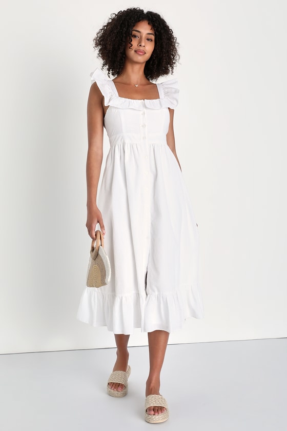 Lulus Perfect For Palermo White Ruffled Button-front Midi Dress
