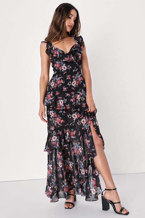 Bloom for Love Black Floral Print Lurex Ruffled Maxi Dress 6