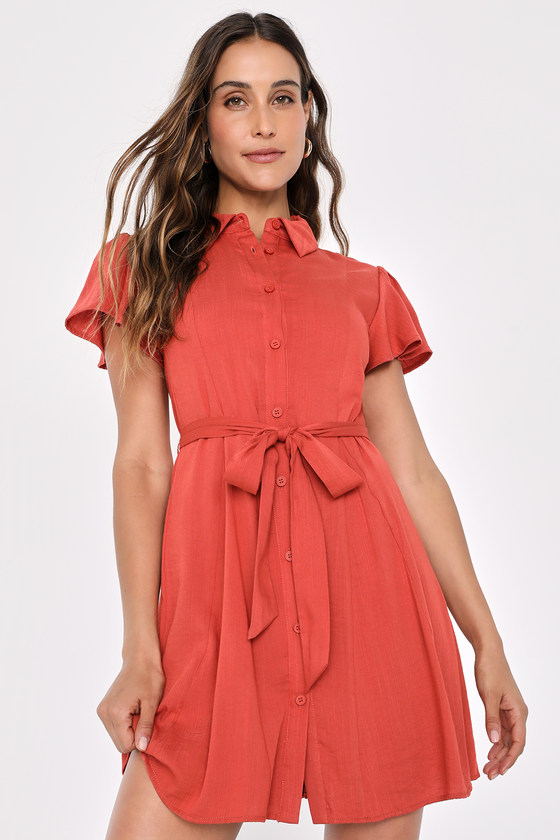 Lulus Adoringly Lovely Rusty Rose Short Sleeve Button-up Mini Dress In Red