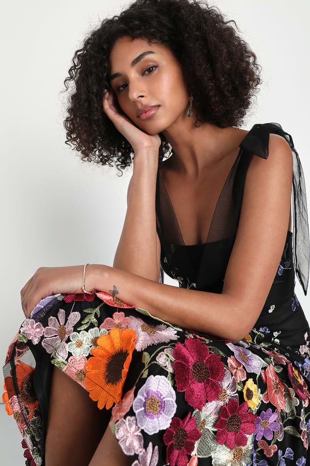 3D Floral Applique Dress - Black Floral Dress - Tie-Strap Dress