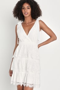 Sweet Flattery White Lace Tiered Tie-Strap Mini Dress