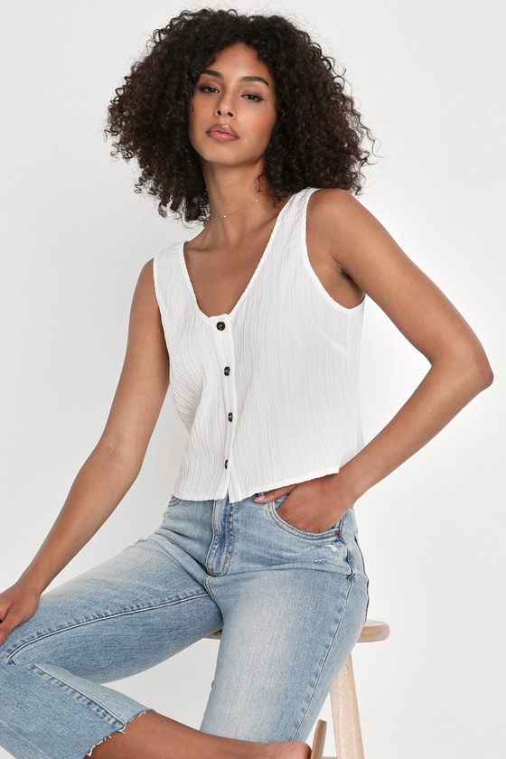 Lulus Daytime Love Ivory Textured Button-front Cropped Tank Top