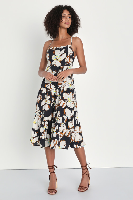 Lulus Bound For Bali Navy Floral Backless Midi Dress With Pockets In Black