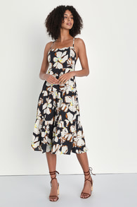 Bound for Bali Black Floral Backless Midi Dress With Pockets