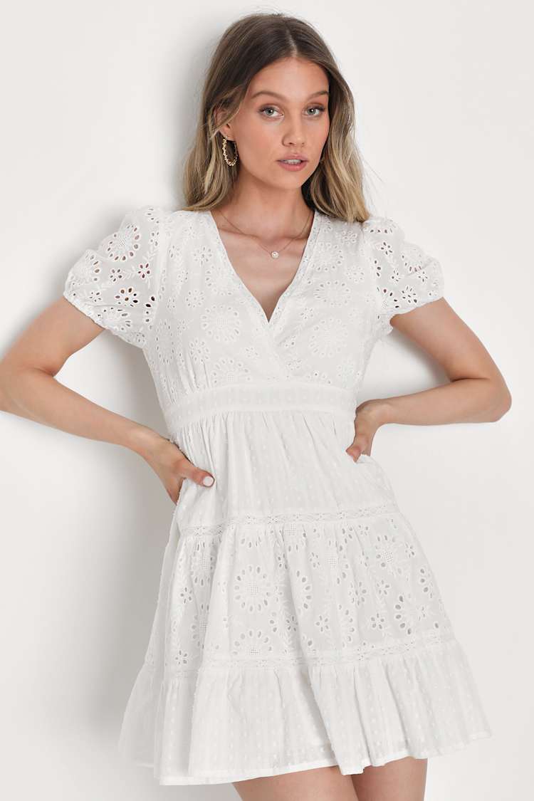 knee length dresses for ladies Ditzy Clip Dot Shirred Waist Mini Dress main image 0