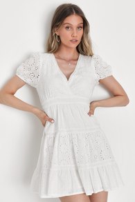 Sweetly Impressive White Eyelet Embroidered Clip Dot Mini Dress
