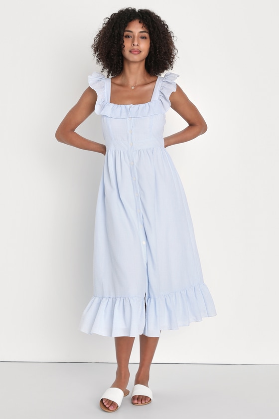 Lulus Perfect For Palermo Blue Striped Ruffled Button-front Midi Dress