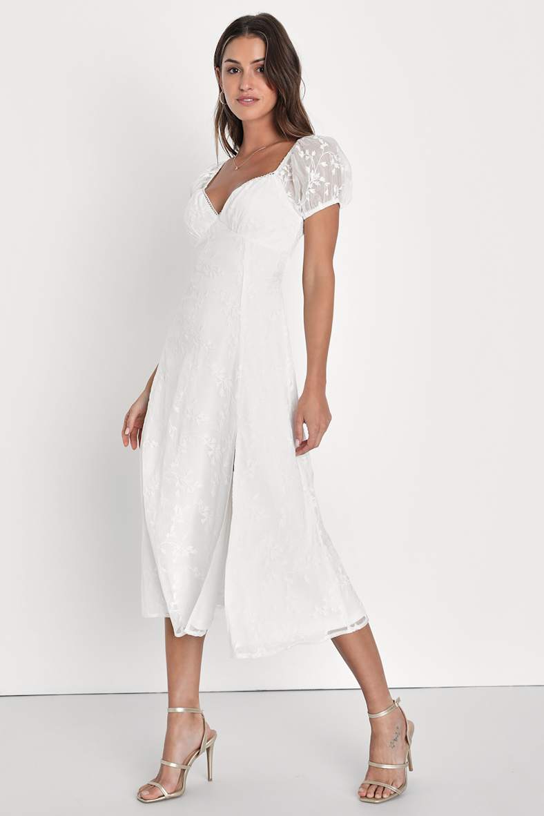 Blossoming with Charm White Embroidered Tie-Back Midi Dress