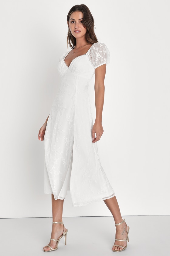 Blossoming with Charm White Embroidered Tie-Back Midi Dress