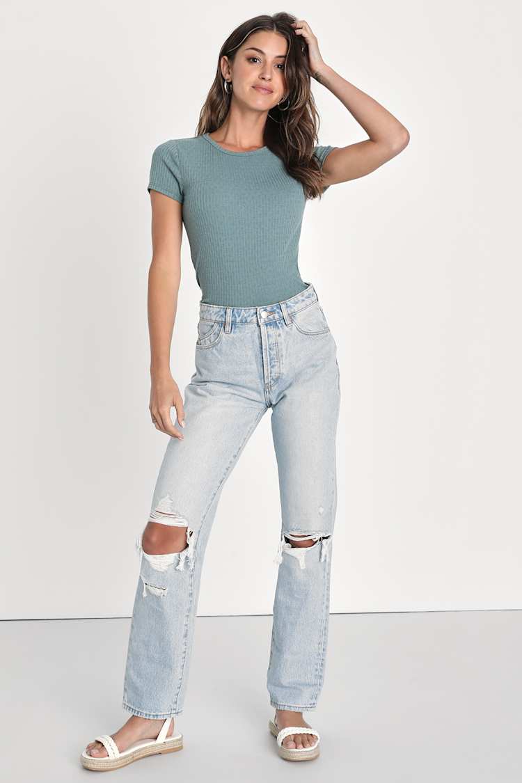 Essential Trend Sage Blue Pointelle Knit Short Sleeve Top
