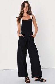 What a Wonderful Day Black Tie-Strap Overall Jumpsuit