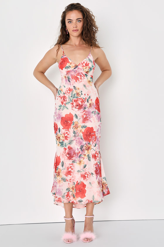 Pink Floral Print Dress - High-Low Midi Dress - Sleeveless Dress - Lulus