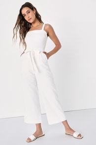 Lucky For Me Ivory Cotton Sleeveless Cropped Jumpsuit