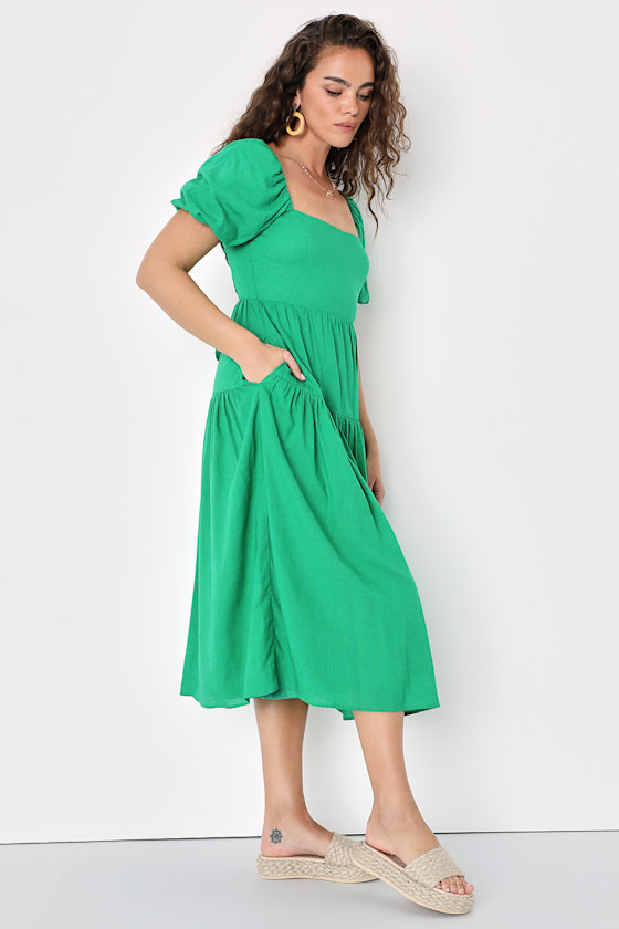 Green Midi Dress - Puff Sleeve Midi Dress - Lace-Up Midi Dress - Lulus