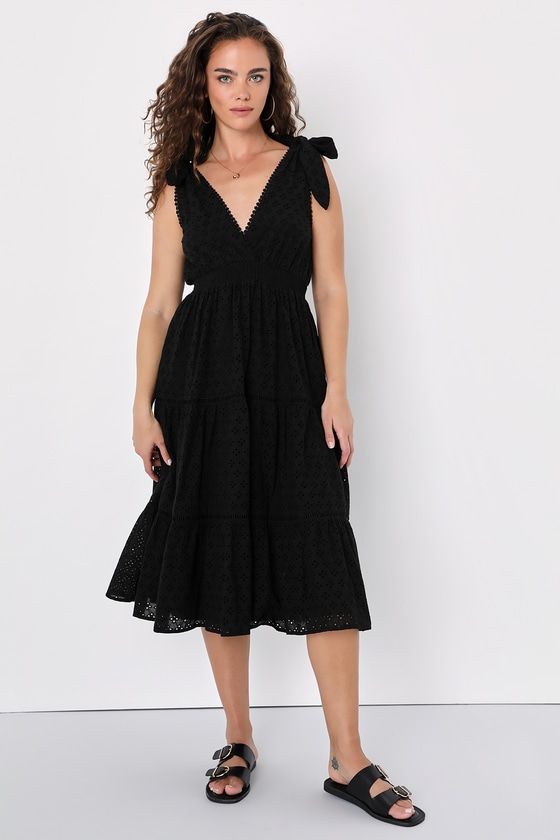 Lulus Madrid Magic Black Eyelet Tie-strap Midi Dress With Pockets