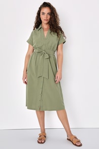 Summer Memories Olive Green Button-Up Midi Dress With Pockets