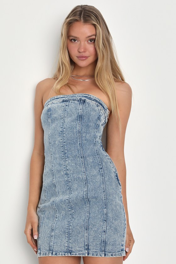 Medium Wash Denim Dress - Bodycon Denim Dress - Strapless Dress - Lulus