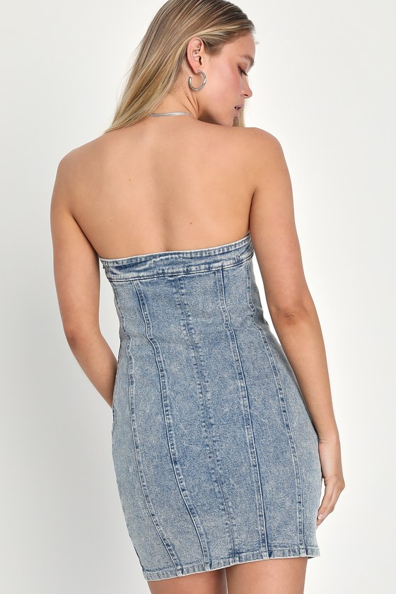 Medium Wash Denim Dress - Bodycon Denim Dress - Strapless Dress - Lulus