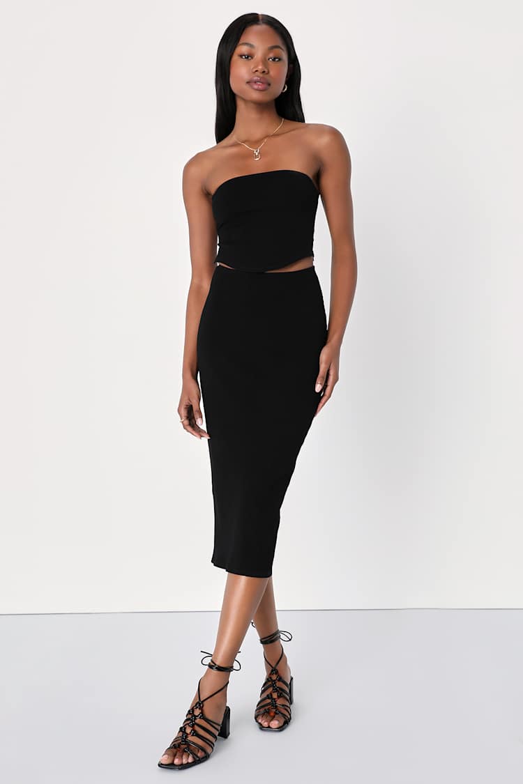 black strapless knit dress Knit Seamless Tube Neck Strapless Midi Dress in Black [Sizes SM-ML] Black / SM